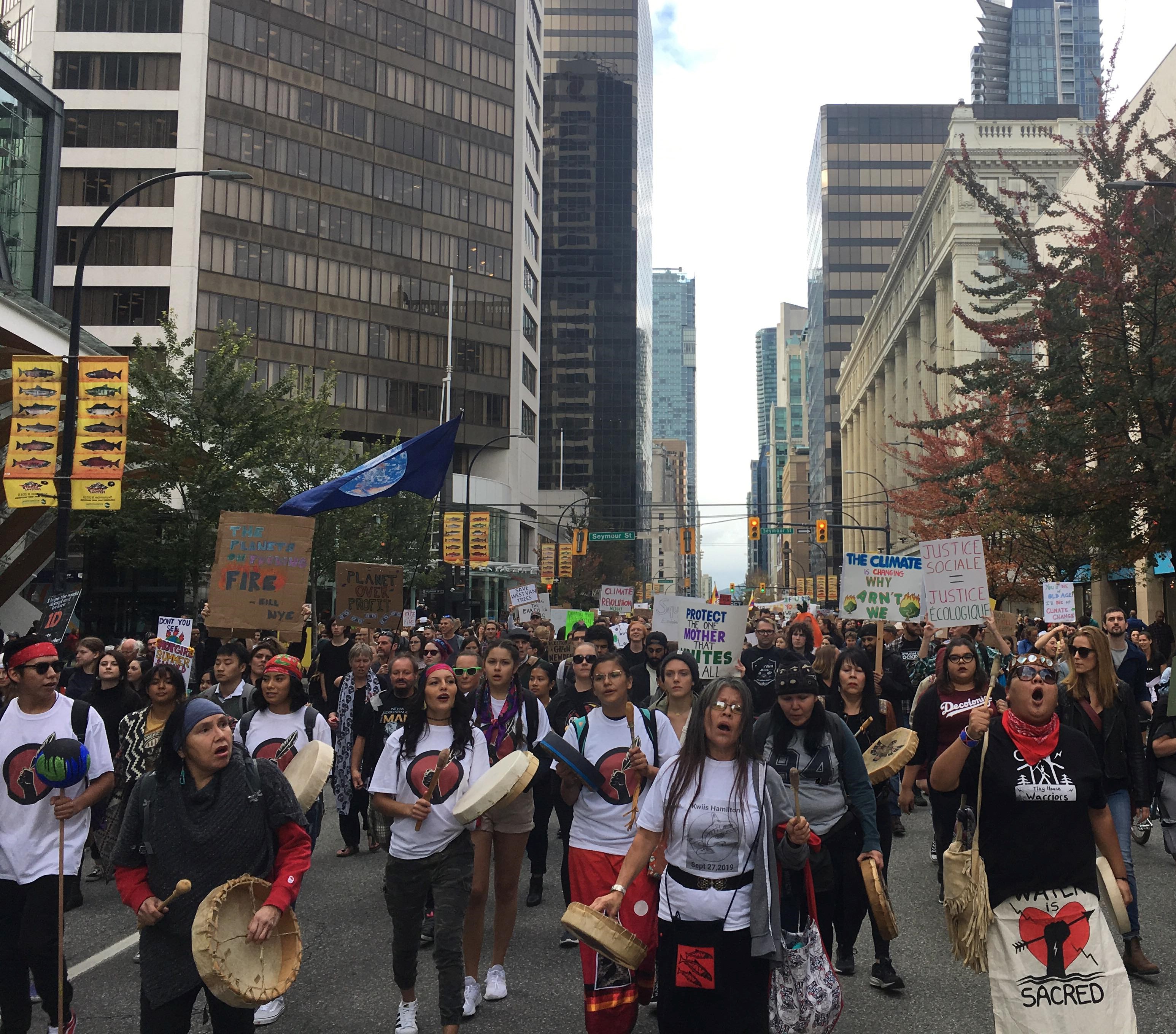 Tiny House Warriors lead the way during the September 26 climate march through downtown Vancouver.