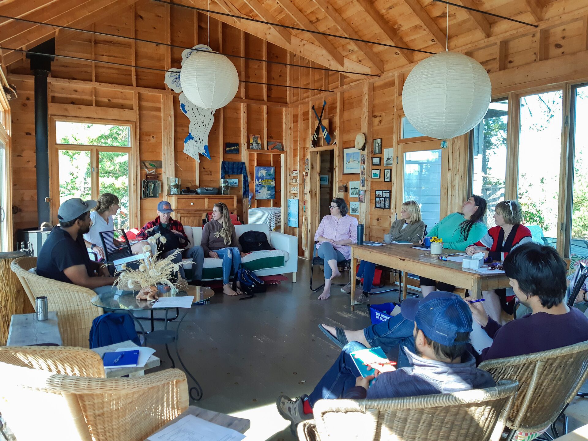 Emotional Health and Well-being1 A group of people sitting in a circle in a cabin for a group discussion at staff retreat funded by Dragonfly Fund Emotional Health and Well-Being grant program.