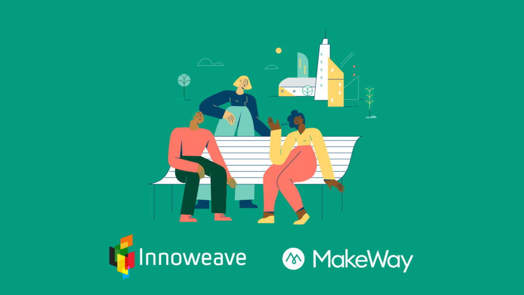 There is an illustration of three people sitting at a park bench on a teal green background. The Innoweave and MakeWay logos are below.