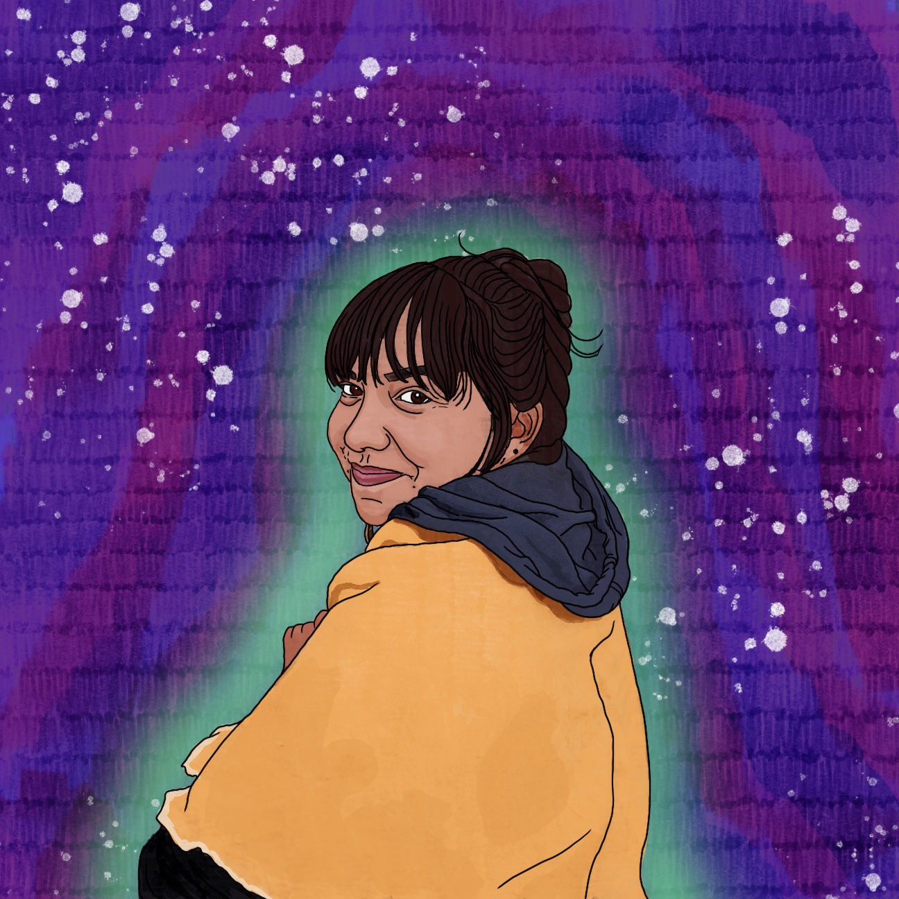 Illustration by Caroline "Chico" Cichelly of Amber Sandy, Project Director of Gaagige Zaagibigaa.