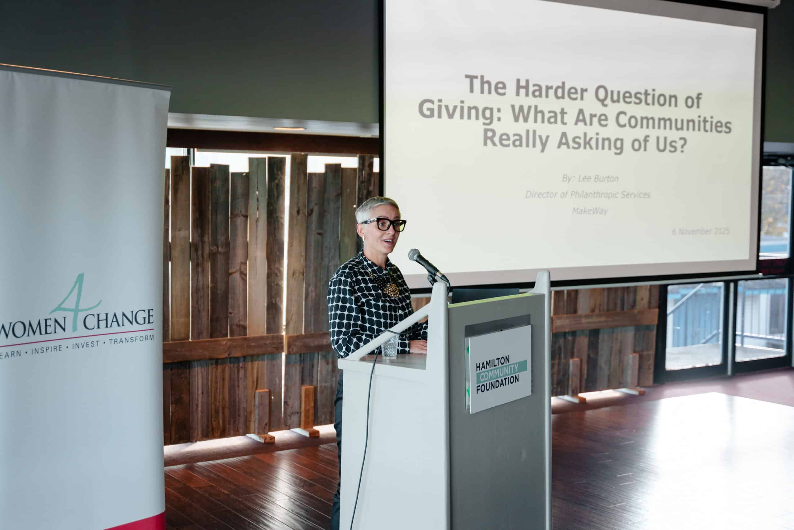 Lee Burton, Director or Philanthropic Service at MakeWay, speaking at a Hamilton Community Foundation event