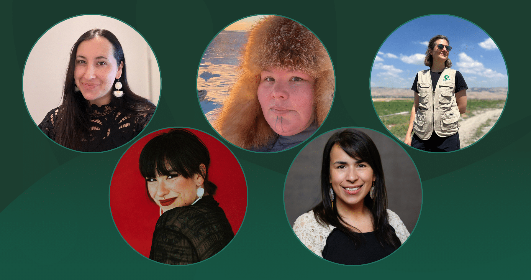 Five people framed in a circle on top of a dark green background.