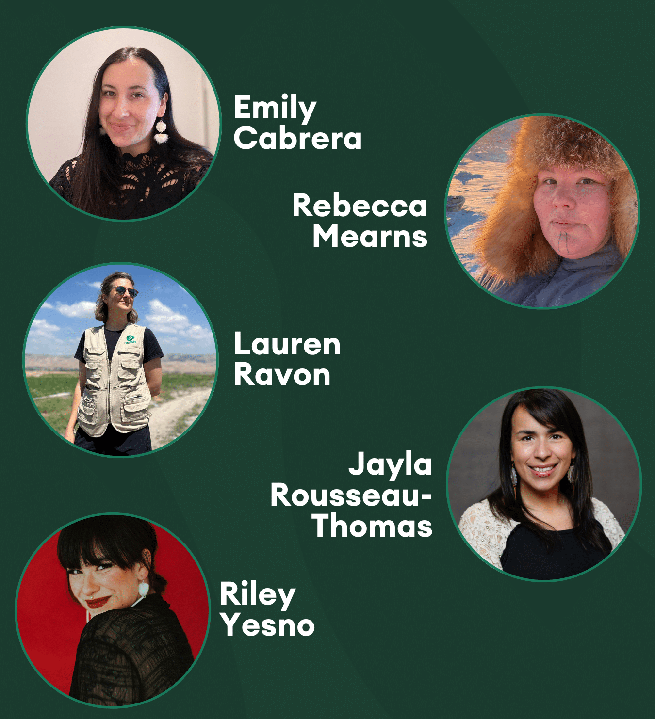 Five people, each framed in a circle on top of a dark green background. The individuals pictured are Emily Cabrera, Rebecca Mearns, Lauren Ravon, Jayla Rousseau-Thomas, Riley Yesno. At the top, a teal coloured text box with text reads "MakeWay Welcomes Five New Members to Board of Directors".