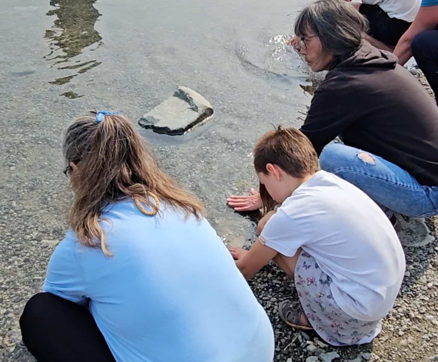 Several people crouch along a rocky shoreline, observing and touching shallow water during an outdoor learning activity.