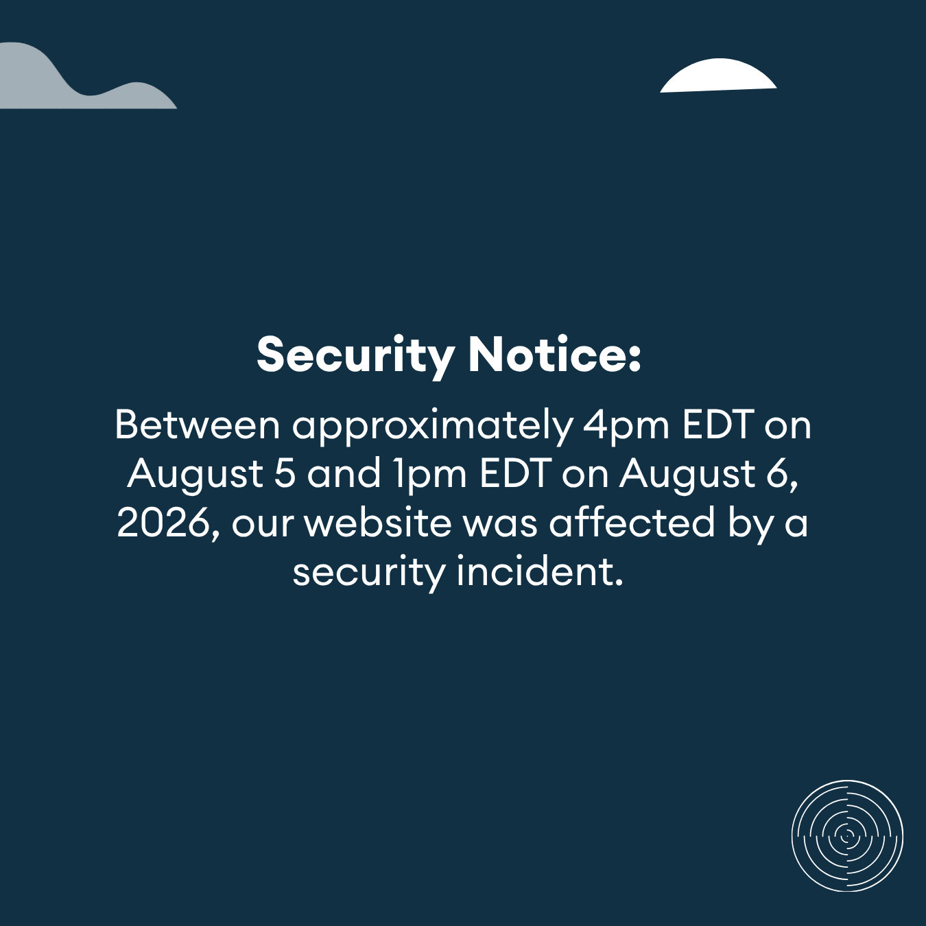 Text talking about a security incident on the website over dark blue background.